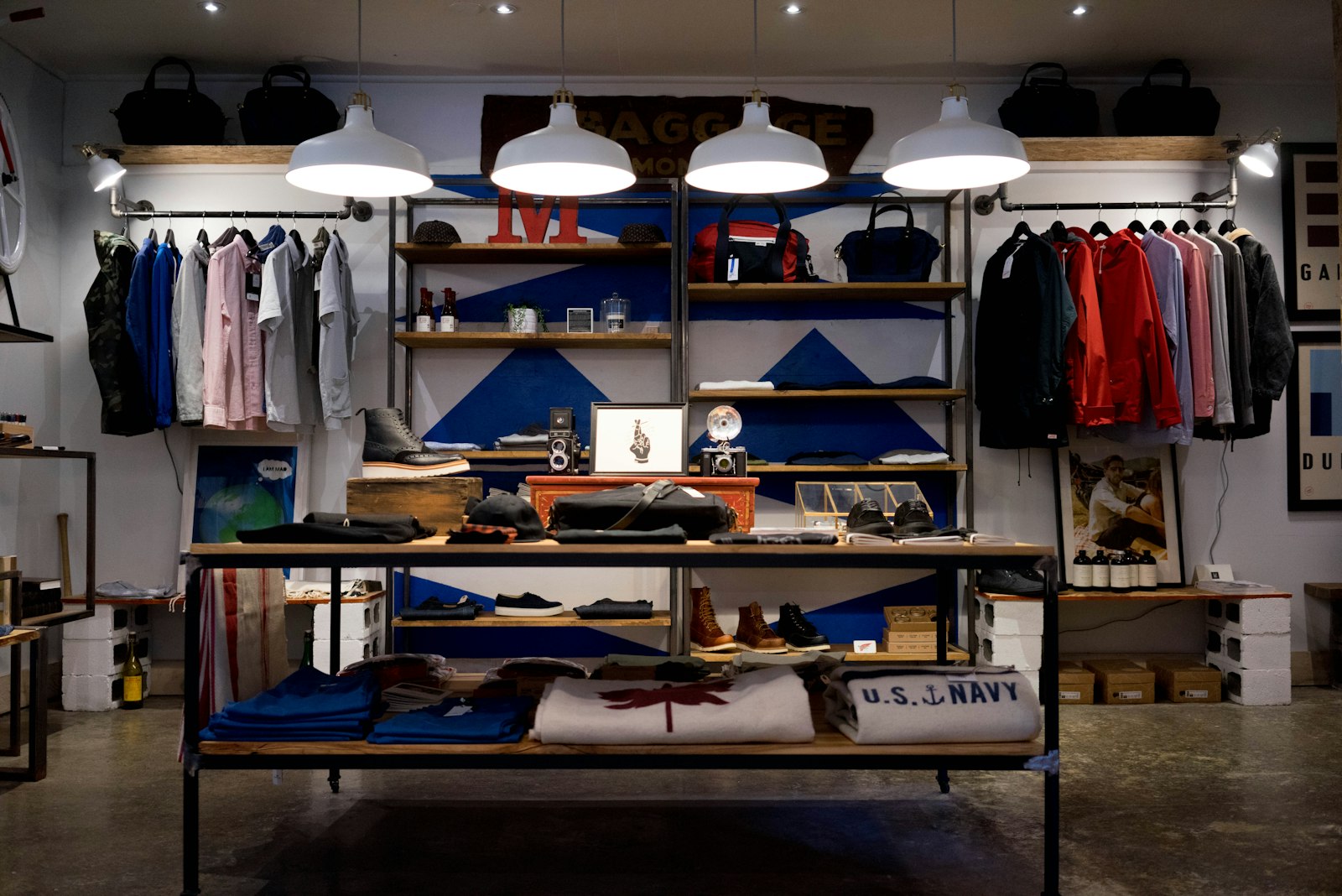 Racks and shelves of products in a small retail shop