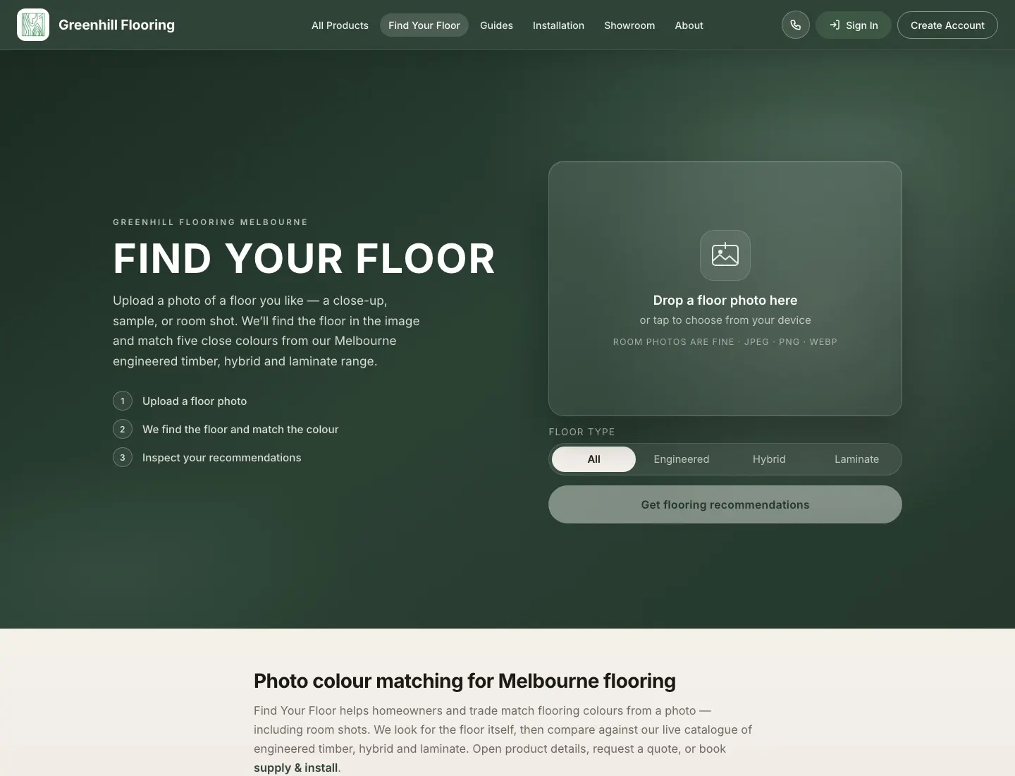 The Find Your Floor page: a dark green band with the heading “Find your floor”, three numbered steps, and a drop zone reading “Drop a floor photo here”