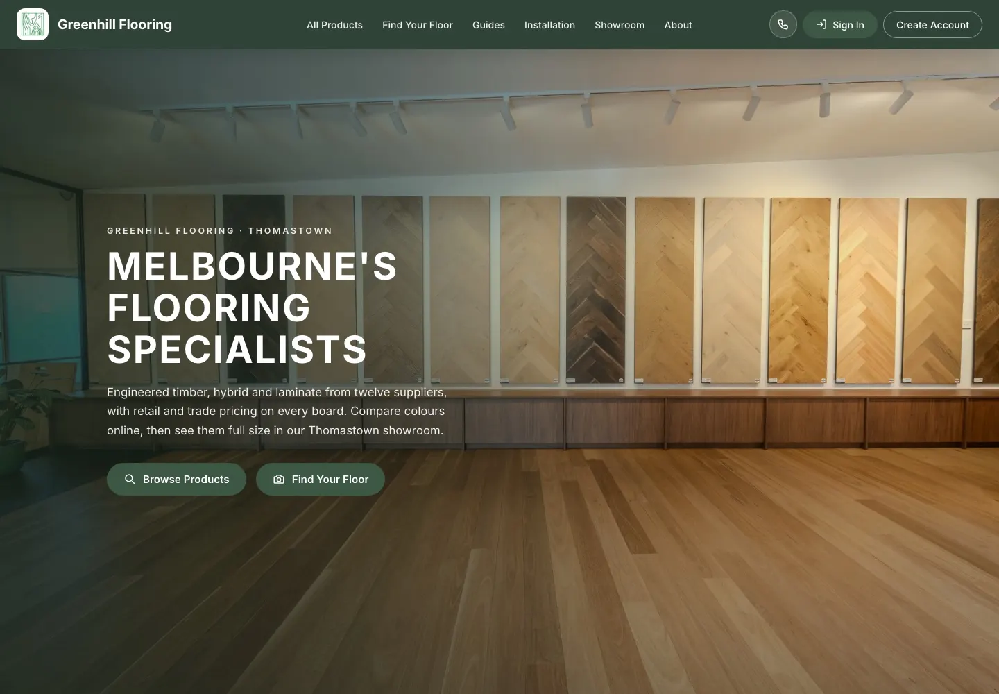 The Greenhill Flooring home page: the headline “Melbourne's flooring specialists” over a photo of the Thomastown showroom, with full-size sample boards on the wall