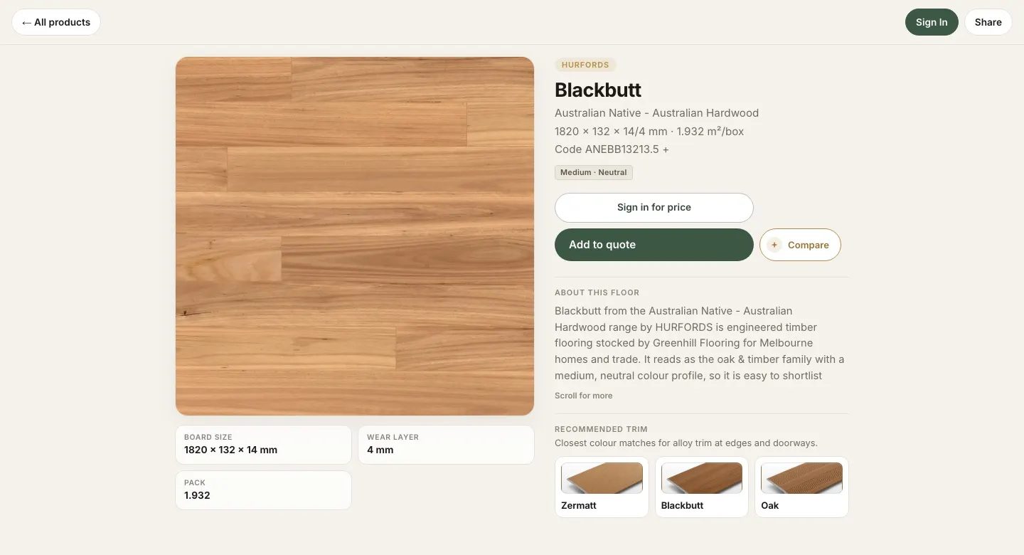A product page for Blackbutt by Hurfords: a board photo, the size and square metres per box, a sign-in-for-price button, add to quote, compare, and three recommended trims