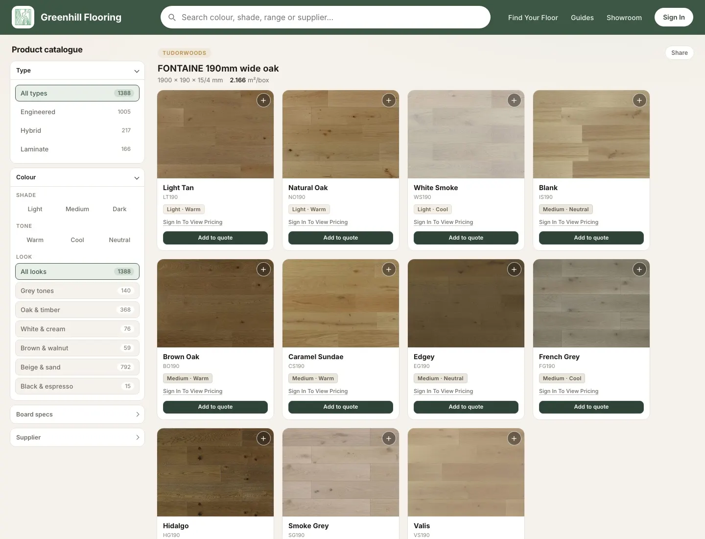 The product catalogue: a filter column with counts for engineered, hybrid and laminate, shade and tone toggles, and a grid of Tudorwoods Fontaine oak colours with add-to-quote buttons