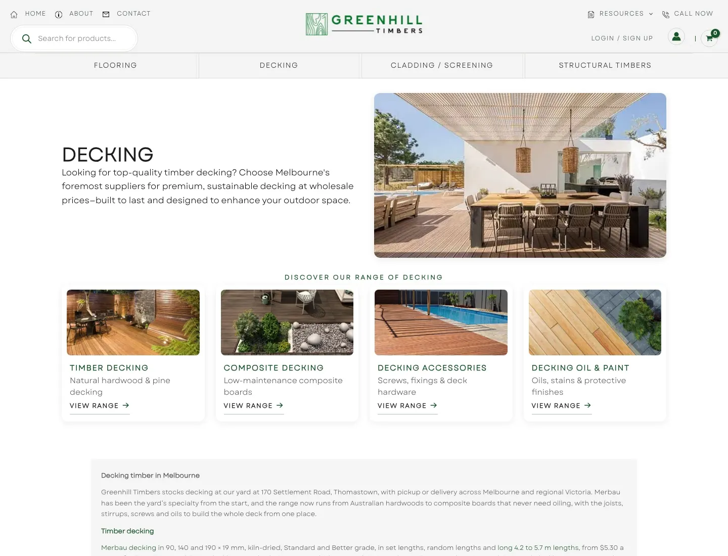 The decking range page on Greenhill Timbers: the heading “Decking”, four sub-range tiles for timber decking, composite decking, accessories, and oil and paint
