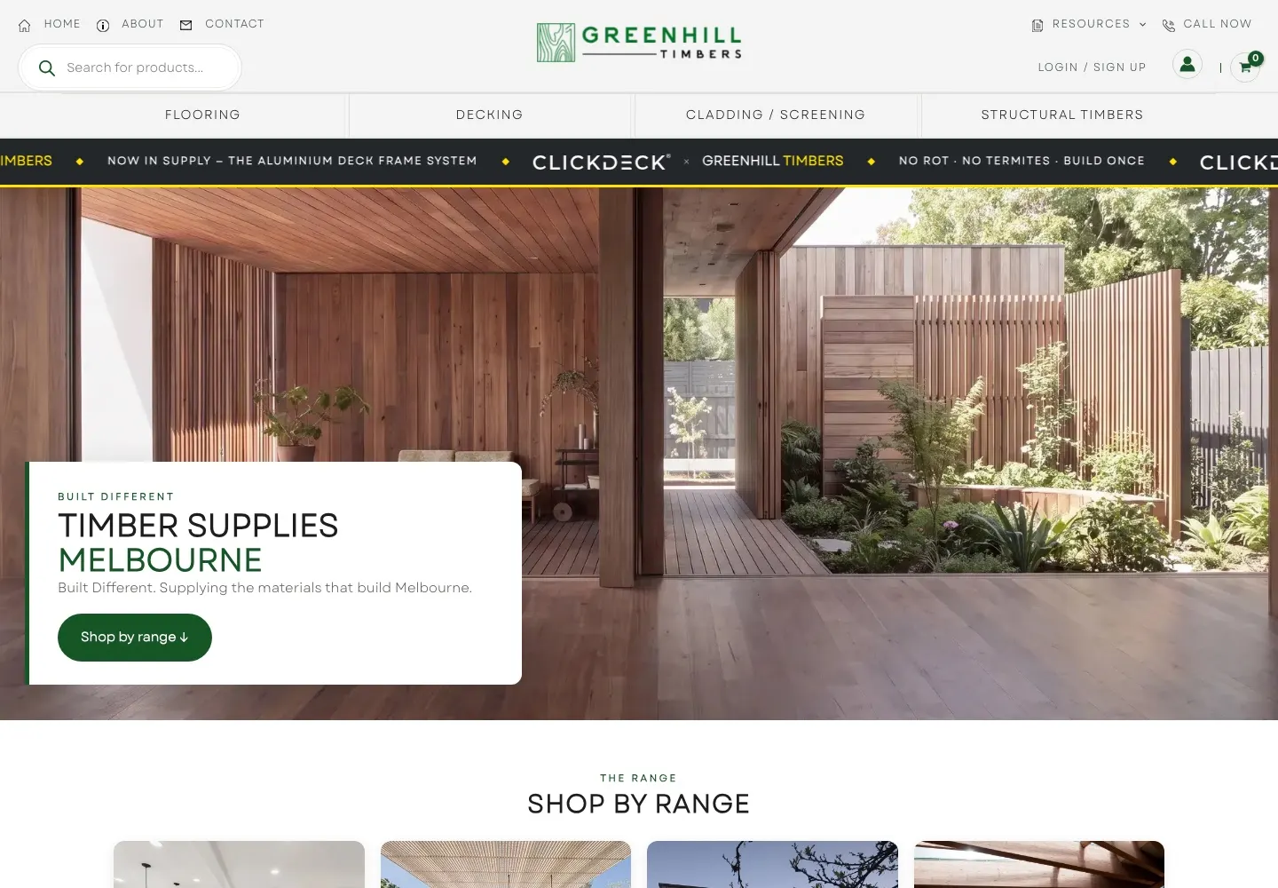 The Greenhill Timbers home page: a photo of a timber-clad courtyard, the headline “Timber supplies Melbourne”, and four range tiles for flooring, decking, cladding and structural timbers