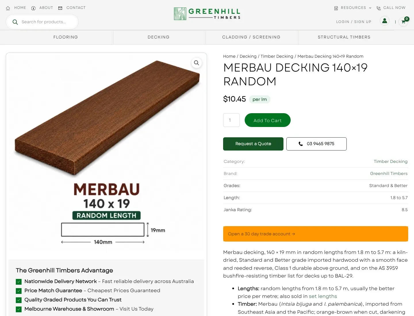 The Merbau decking product page on Greenhill Timbers: a board photo with dimensions, $10.45 per lineal metre, add to cart, a quote button beside the phone number, and a spec list
