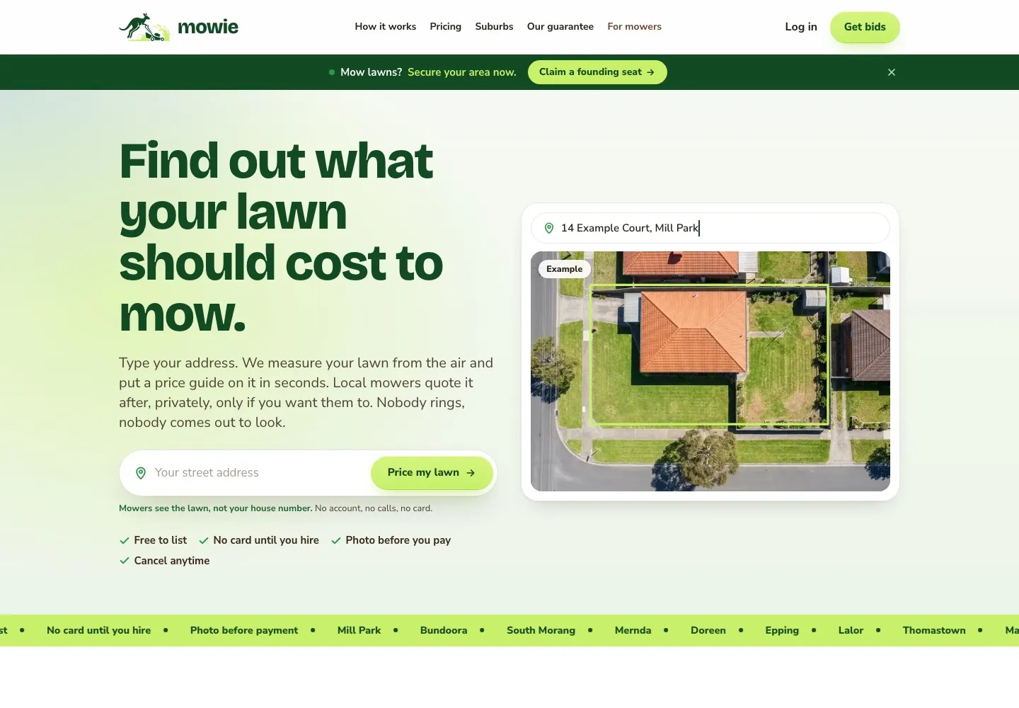The Mowie home page: the headline reads “Find out what your lawn should cost to mow”, beside an aerial photo of a house with its lawn outlined