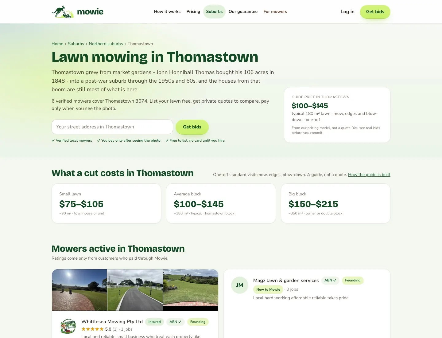 Mowie's Thomastown page: “Lawn mowing in Thomastown”, a guide price of $100 to $145 for a typical 180 square metre lawn, and six verified mowers with their work photos